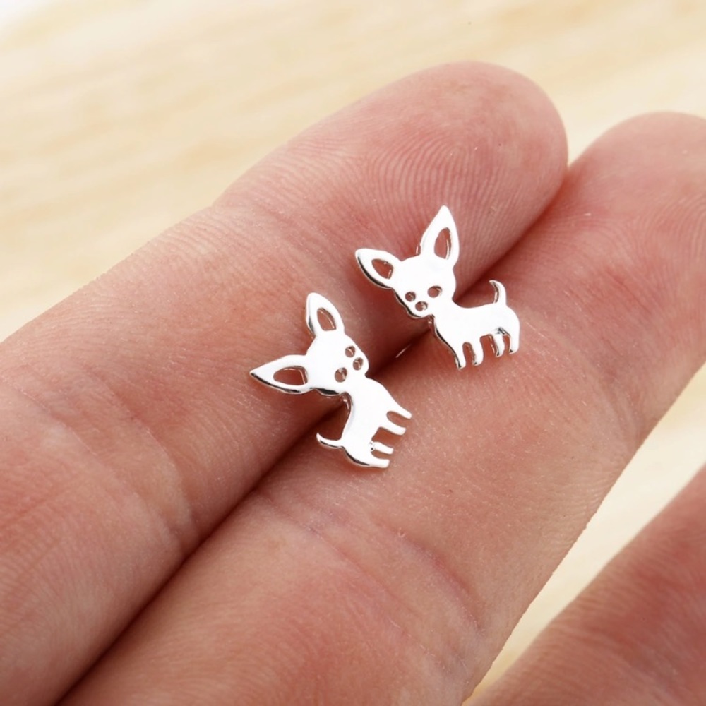 Silver Chihuahua Minimalist Stainless Steel Stud Earrings With Gift Bag